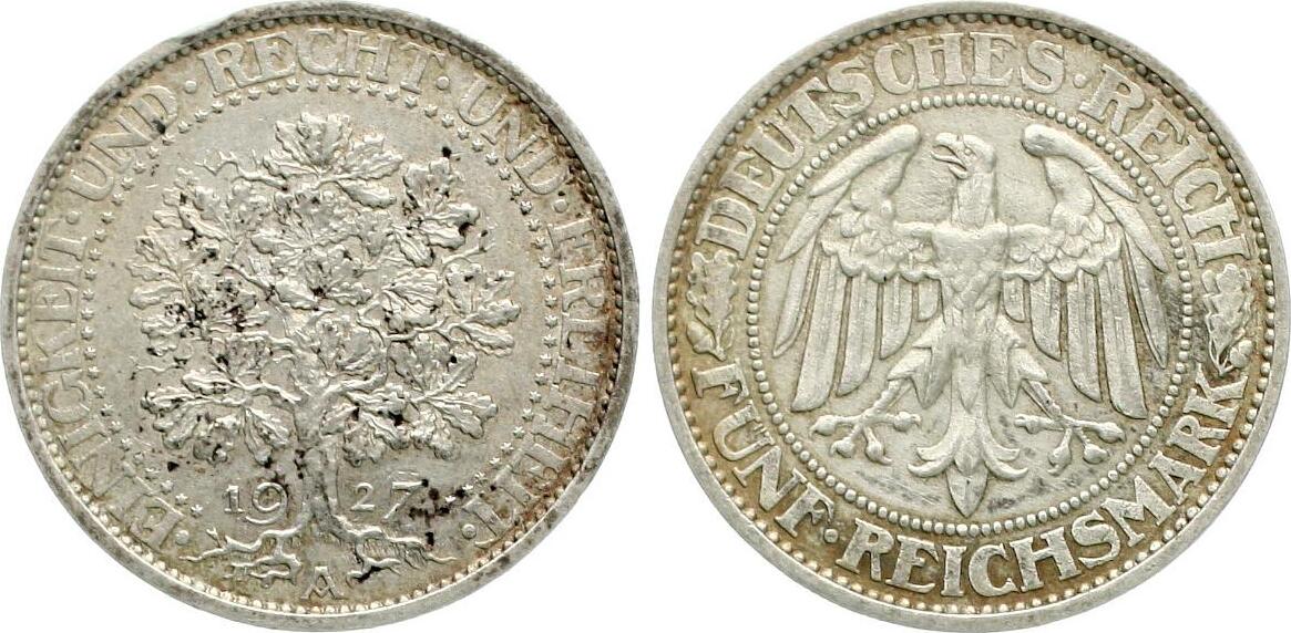  Weimarer Repuplik: 5 Mark 1927 A, Eichbaum gutes vz!   