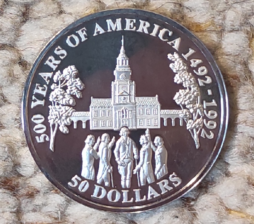  Cook Island 50 Dollar 1992, SILBER, 500. Jubiläum - Entdeckung von Amerika, Unabhängigkeitshalle   
