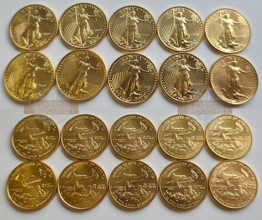 USA. Lot 10 x 10 Dollar ver. Jgg. MM-Frankfurt  Feingold: 10 x 7,78g American Eagle  