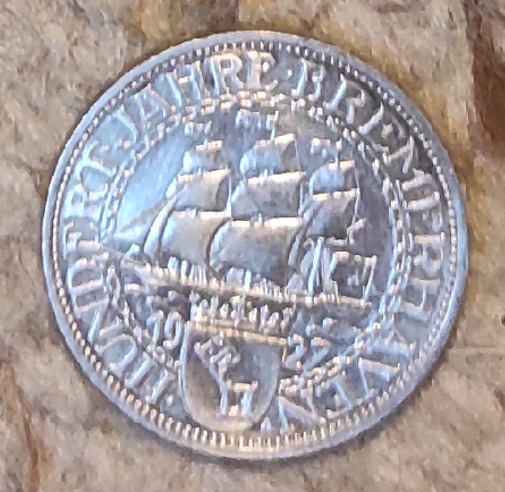  Weimarer Republik 3 Reichsmark 1927, SILBER,100 Jahre Bremerhaven   
