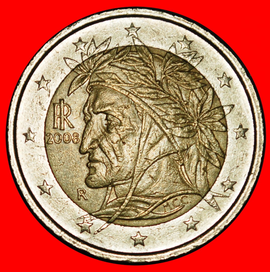 Ⰿ NON-PHALLIC TYPE 2008-2025: ITALY★2 EUROS 2008R! DANTE (1265-1321) A I r1! LOW START ★ NO RESERVE!