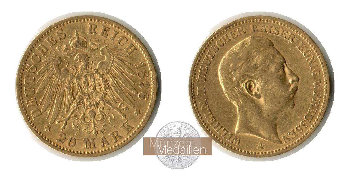 Dt. Kaiserreich Preussen, Wilhelm II. MM-Frankfurt Feingold: 7,17g 20 Mark 1896 A 