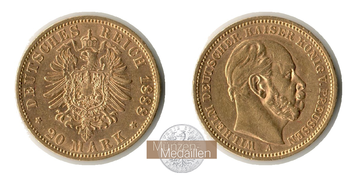 Deutsches Kaiserreich. Preussen MM-Frankfurt Feingold: 7,17g Wilhelm I. 20 Mark 1888 A 