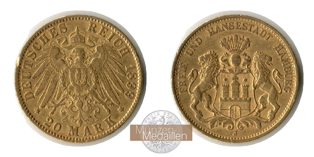 Deutsches Kaiserreich. Hamburg MM-Frankfurt KM#618 Feingold: 7,17g 20 Mark (1893-1913) 1899 J 