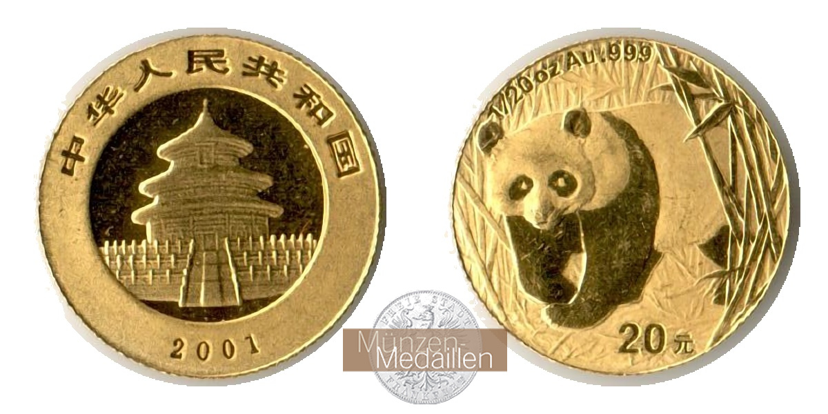 China, Volksrepublik. MM-Frankfurt Feingewicht 1,55g 20 Yuan (Panda) 2001 