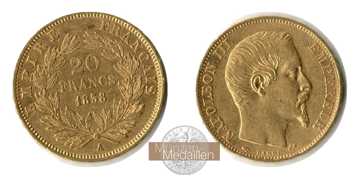 Frankreich MM-Frankfurt  Feingold: 5,81g 20 Francs 1858 A 