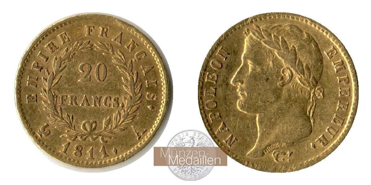 Frankreich, Napoleon I MM-Frankfurt KM#695 Feingold: 5,81g 20 Francs (1809-1814) 1811 A 