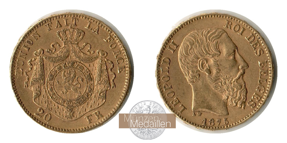 Belgien  20 Francs MM-Frankfurt Feingold: 5,81g Leopold II. 1865-1909 1875 