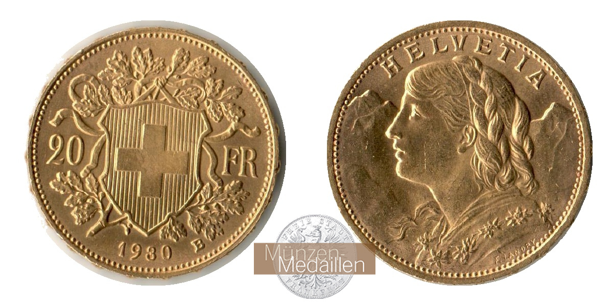 Schweiz MM-Frankfurt Feingewicht: 5,81g 20sFR (Vreneli) 1930 B 
