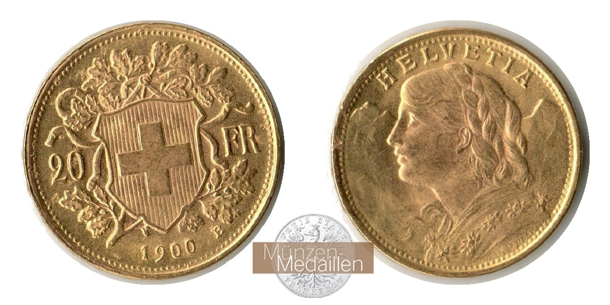 Schweiz  20sFR  1900 B MM-Frankfurt Feingold: 5,81g Vreneli  