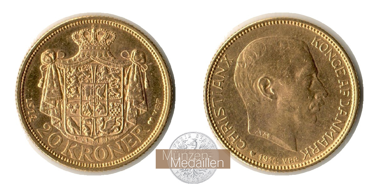 Dänemark, Christian X MM-Frankfurt KM#817 Feingold: 8,06g 20 Kronen (1913-1931) 1914 
