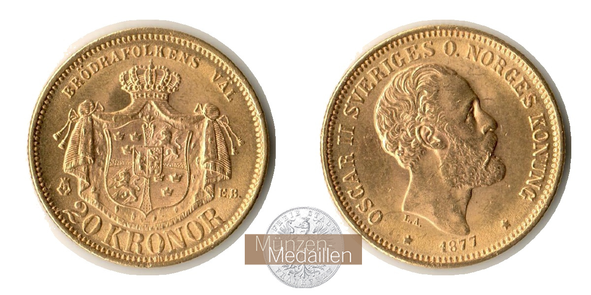 Schweden, Oscar II (1873-1907) MM-Frankfurt Feingold: 8,06g 20 Kronen 1877 