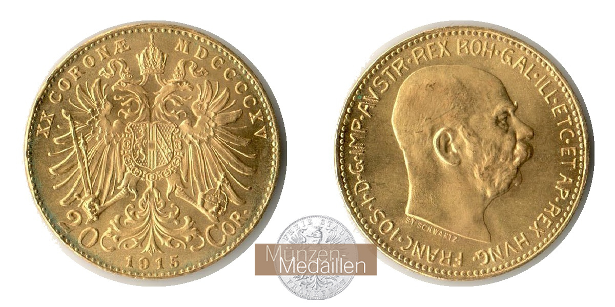  Österreich, Franz Joseph I.  20 Kronen 1915 NP.  MM-Frankfurt KM#2818 Feingold: 6,1g   