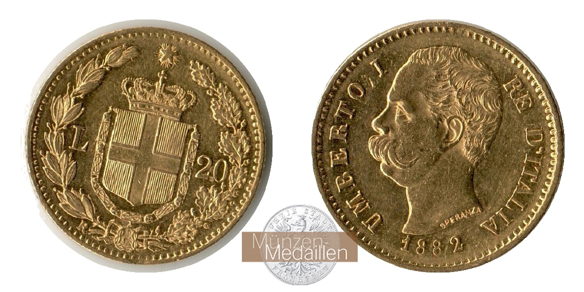 Italien, Umberto I MM-Frankfurt KM#21 Feingold: 5,81g 20 Lire (1879-1897) 1882 R 
