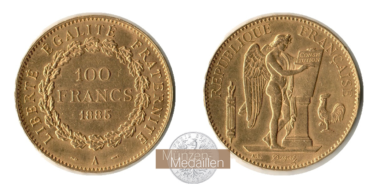  Frankreich 100 Francs 1885 'A' (1878-1906) MM-Frankfurt KM#832 Feingold: 29,03g   