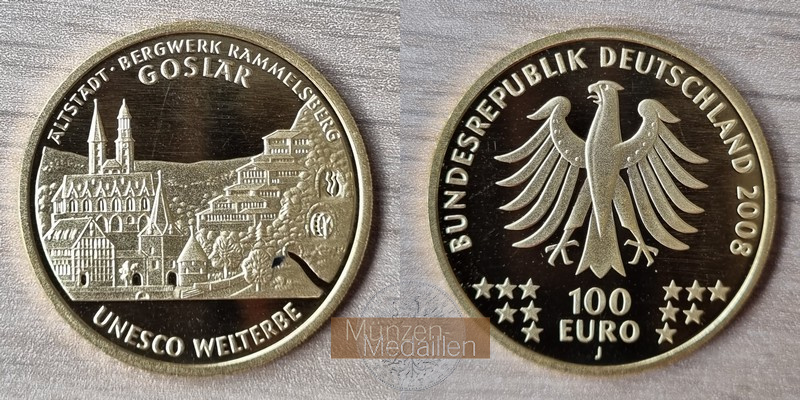BRD   100 Euro  2008 J MM-Frankfurt Feingold: 15,55g UNESCO World Heritage Sites - Goslar  