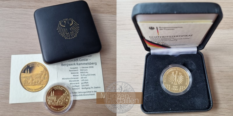 BRD   100 Euro  2008 J MM-Frankfurt Feingold: 15,55g UNESCO World Heritage Sites - Goslar  