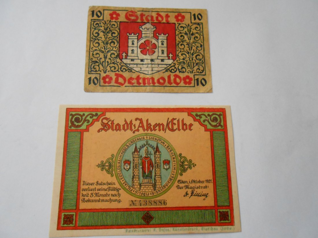  Notgeld(2)  25 Pfennig Stadt Aken/Elbe  1921 und  10 Pfennige Stadt Detmold 1920   