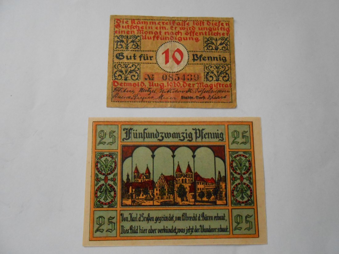  Notgeld(2)  25 Pfennig Stadt Aken/Elbe  1921 und  10 Pfennige Stadt Detmold 1920   