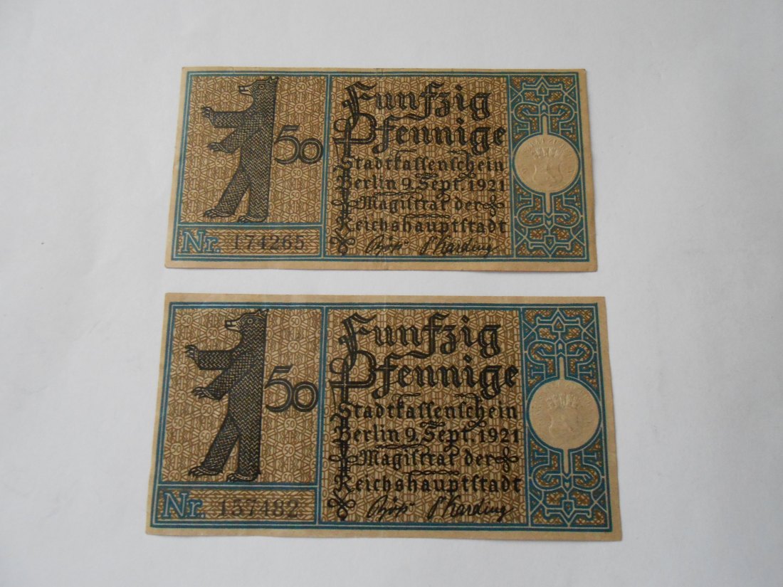  Notgeld(4) 2x 50 Pfennige Berlin 19. Bezirk Pankow 1921 und Berlin 20. Bezirk Reinickendorf 1921   
