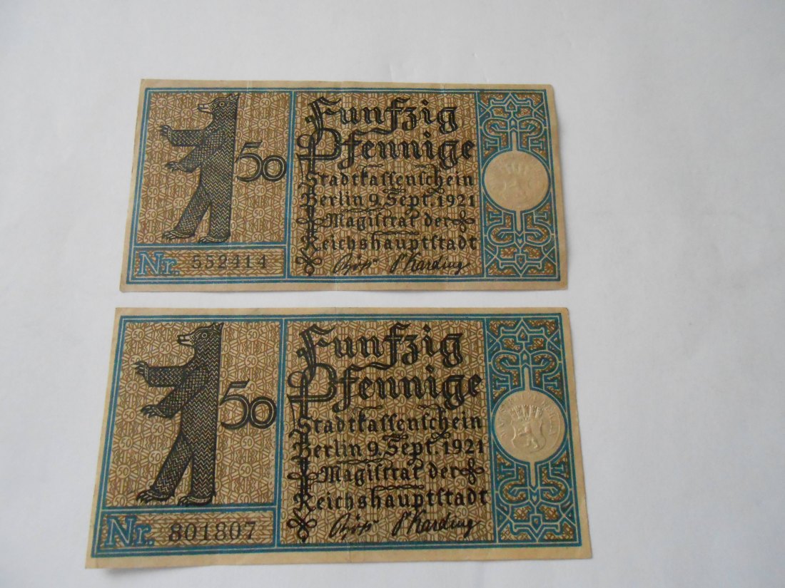  Notgeld(5) 2x 50 Pfennige Berlin 1. Bezirk Mitte 1921 und  Berlin 20. Bezirk Reinickendorf 1921   