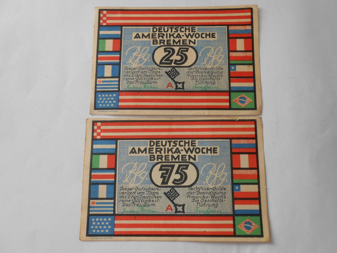  Notgeld(7) Gutscheine 25 und 75 Pfennig Bremen Deutsche Amerikanische Woche Frühjahr 1923   