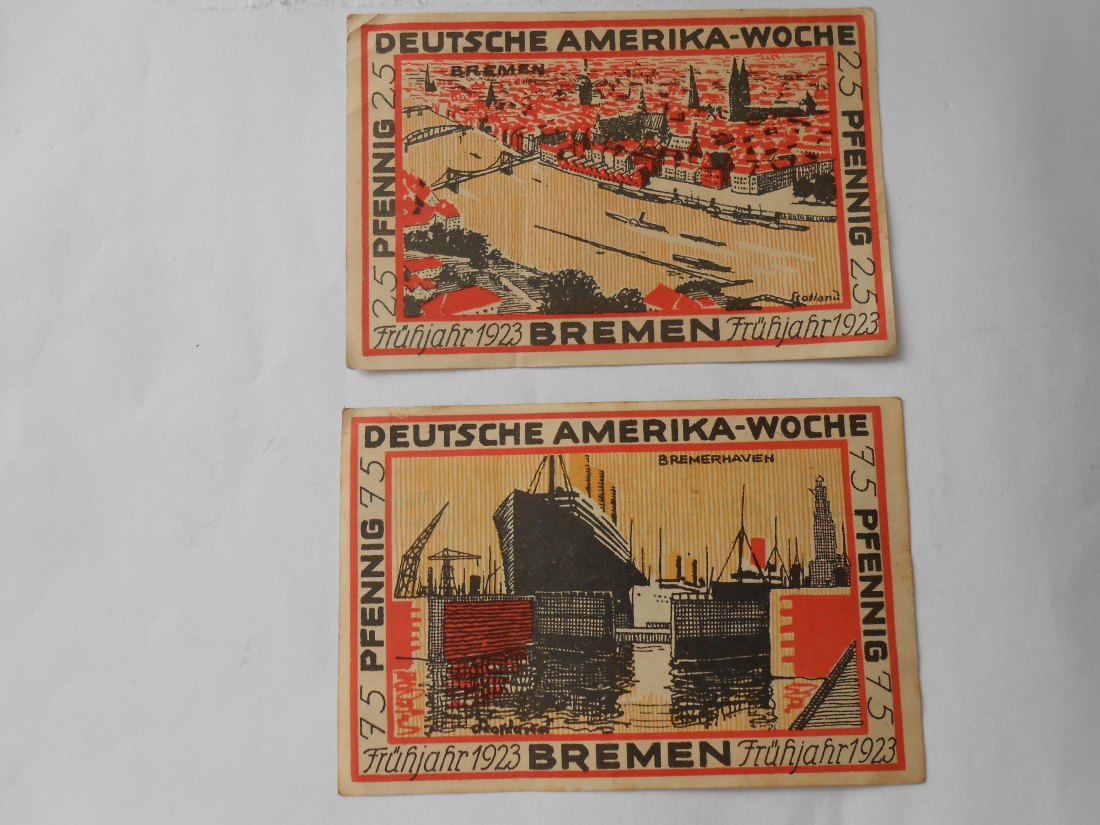  Notgeld(7) Gutscheine 25 und 75 Pfennig Bremen Deutsche Amerikanische Woche Frühjahr 1923   