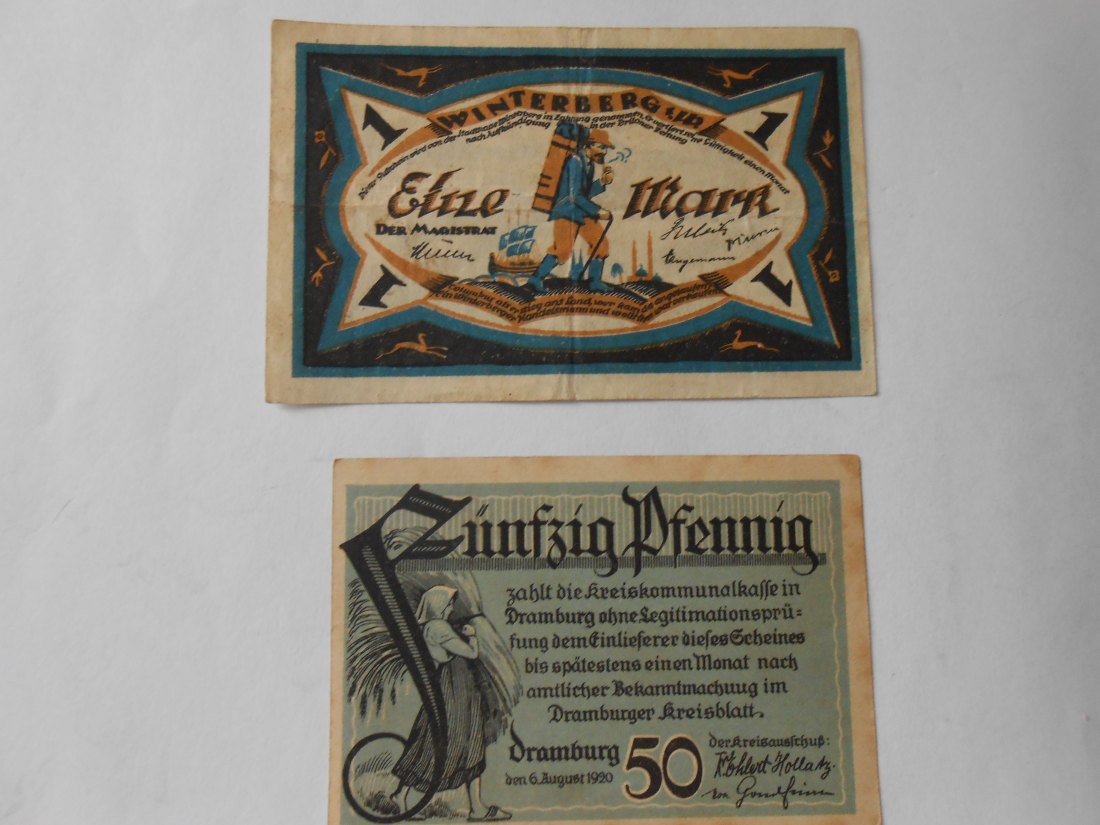  Notgeld(12) 1 Mark Winterberg Nr.10766 o.J. und 50 Pfennig Kreis Dramburg Nr.220657 1920   