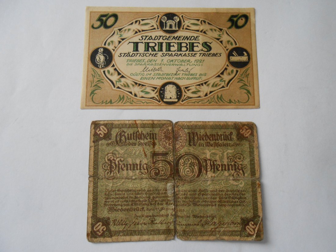  Notgeld(13) 50 Pfennig  Triebes  1921 und  50 Pfennig Wiedenbrück in Westfalen  1918   