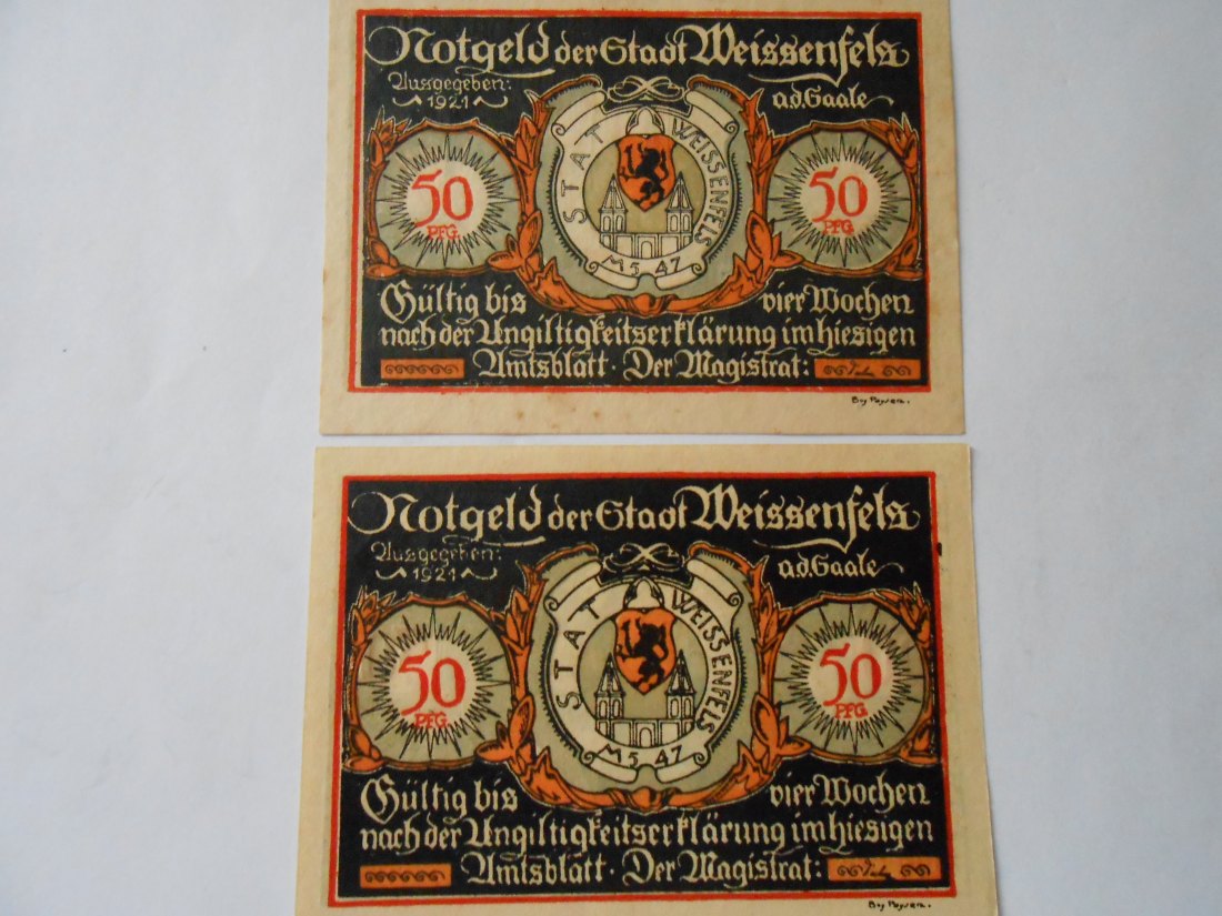  Notgeld(14) 2x 50 Pfennig  Weissenfels a.d.Saale 1921 Rückseite 1880/1920  und 1620/1680   