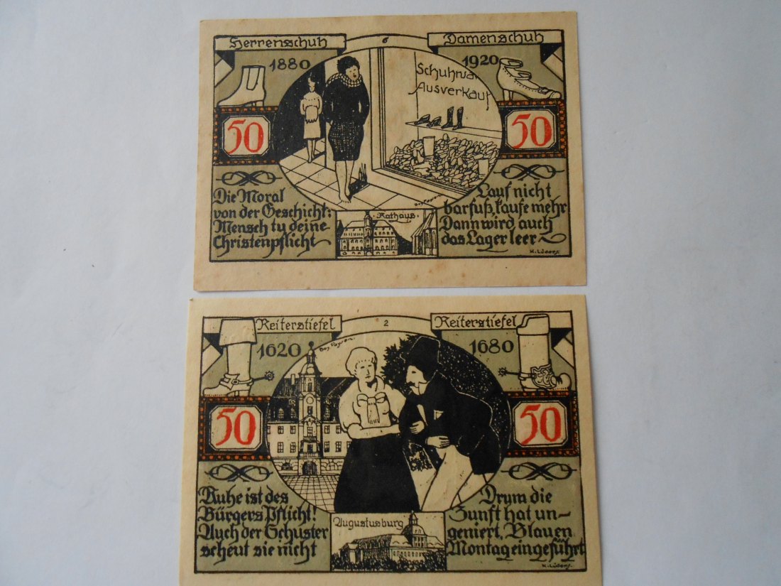  Notgeld(14) 2x 50 Pfennig  Weissenfels a.d.Saale 1921 Rückseite 1880/1920  und 1620/1680   