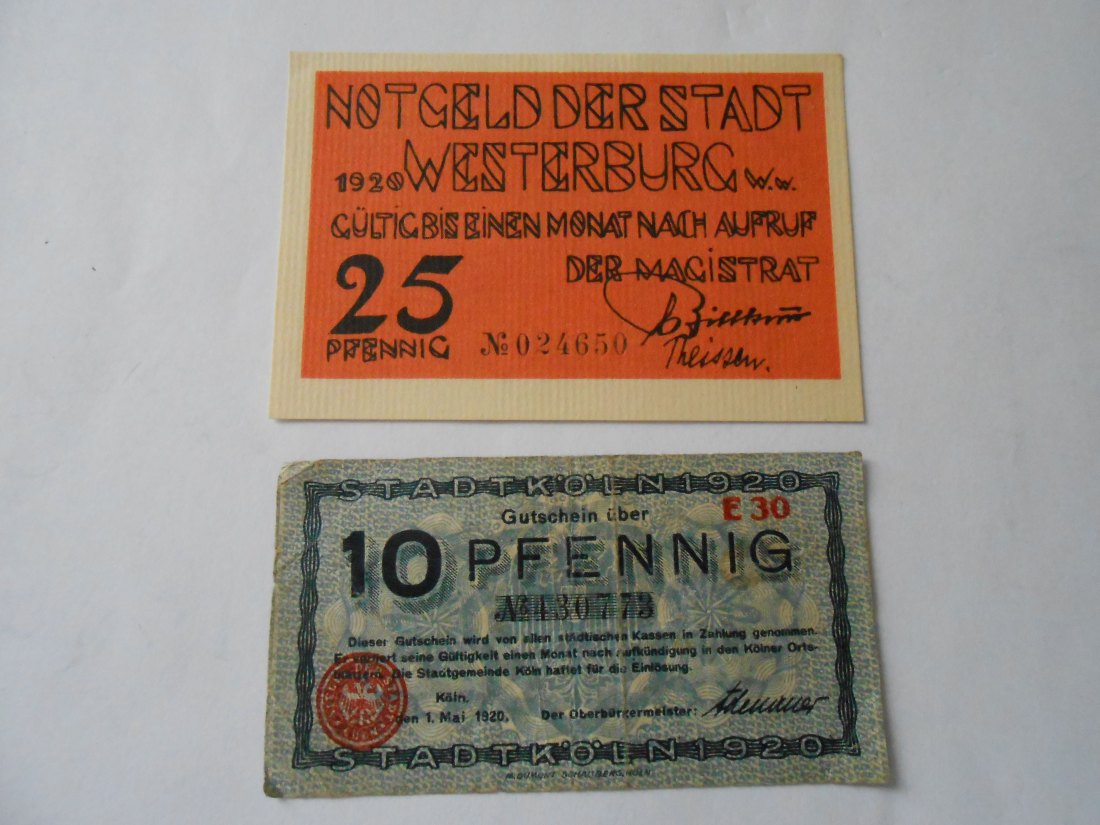  Notgeld(15)  25 Pfennig Stadt Westerburg 1920  und  10 Pfennig Stadt Köln  1920   