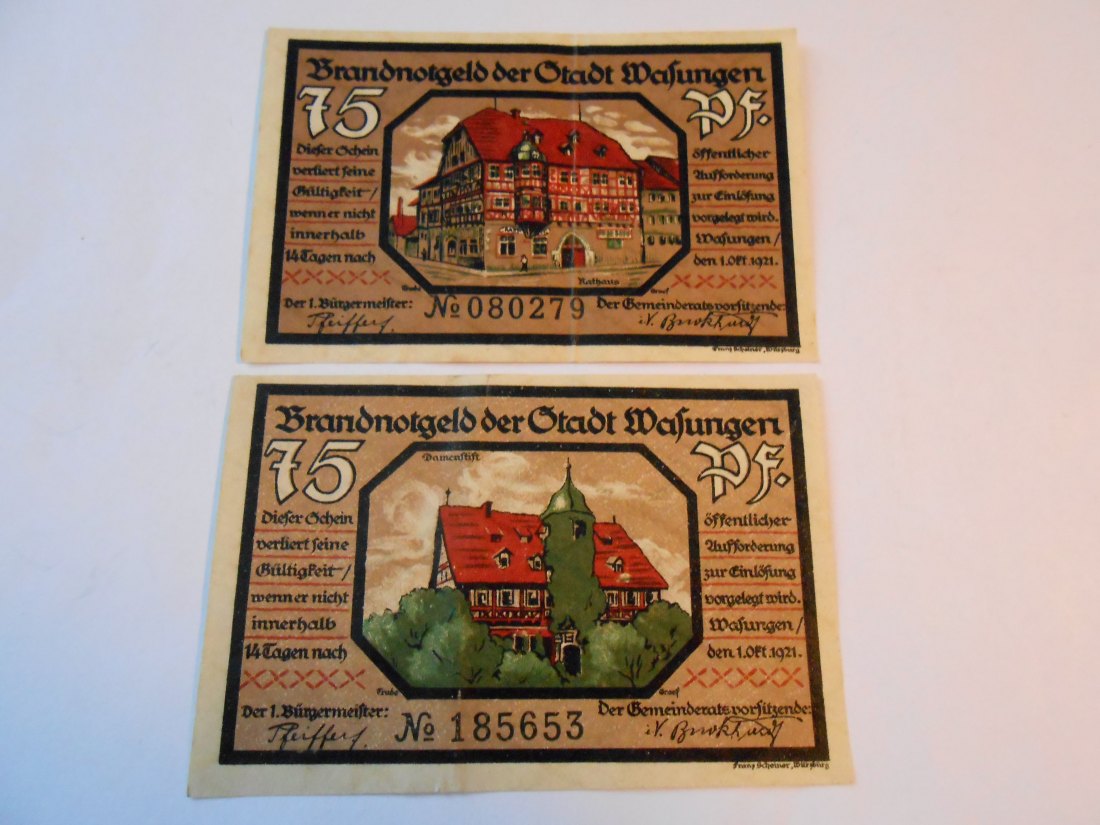  Notgeld(16)  2x 75 Pfennig Stadt Wasungen 1921   