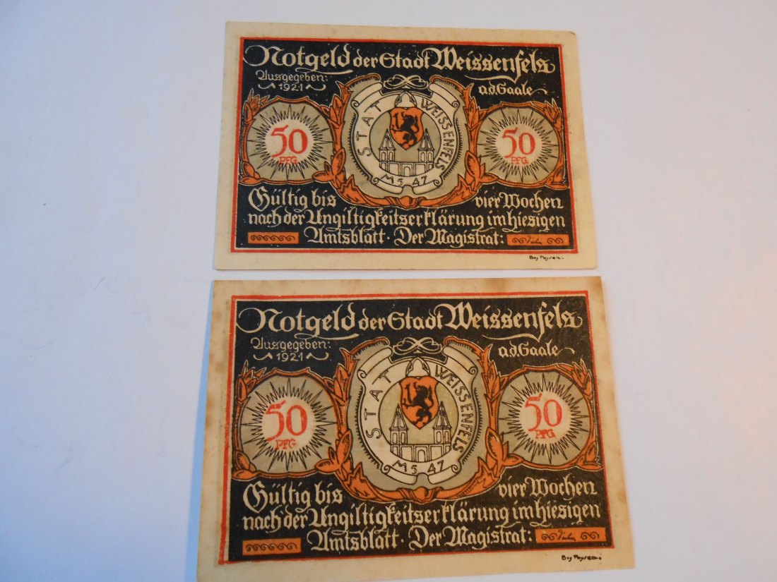 Notgeld(17) 2x 50 Pfennig Weissenfels a.d.Saale 1921 Rückseite 1914/1919 und 1720/1780   