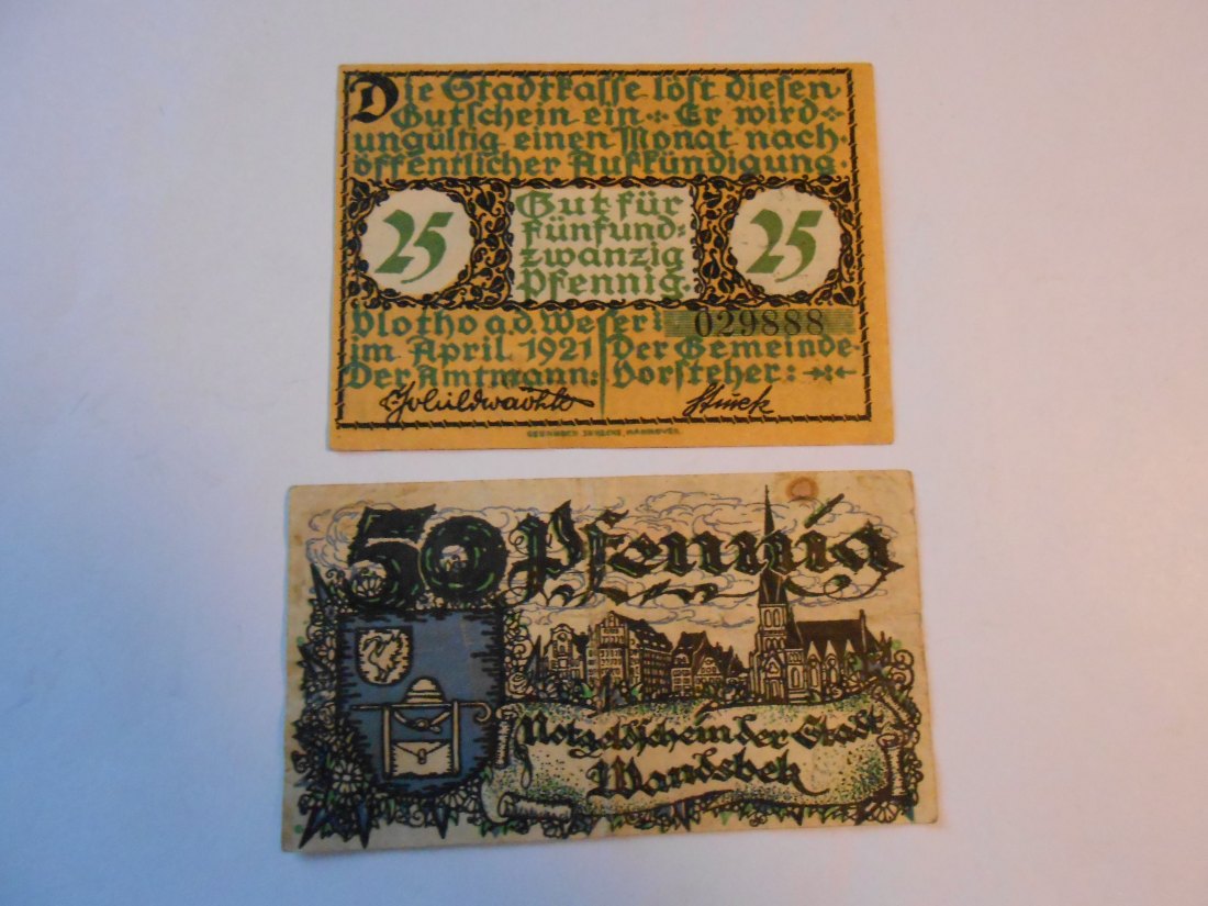  Notgeld(18) 25 Pfennig  Plotho a.d.Weser 1921 und  50 Pfennig  Wandsbek 1921   