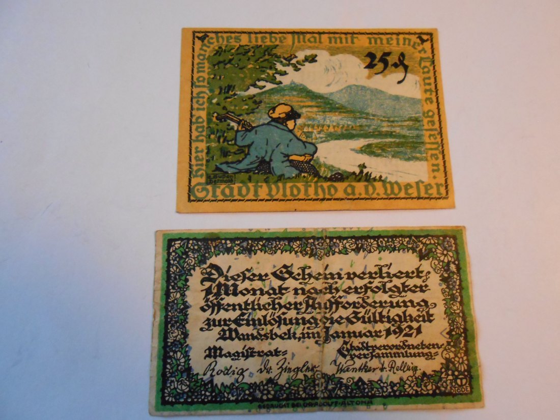  Notgeld(18) 25 Pfennig  Plotho a.d.Weser 1921 und  50 Pfennig  Wandsbek 1921   