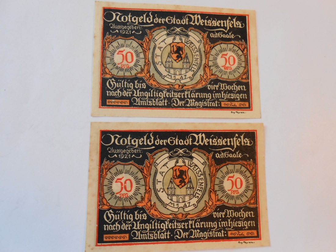 Notgeld(19) 2x 50 Pfennig  Weissenfels a.d.Saale 1921 Rückseite 1520/1580 und  1720/1820   
