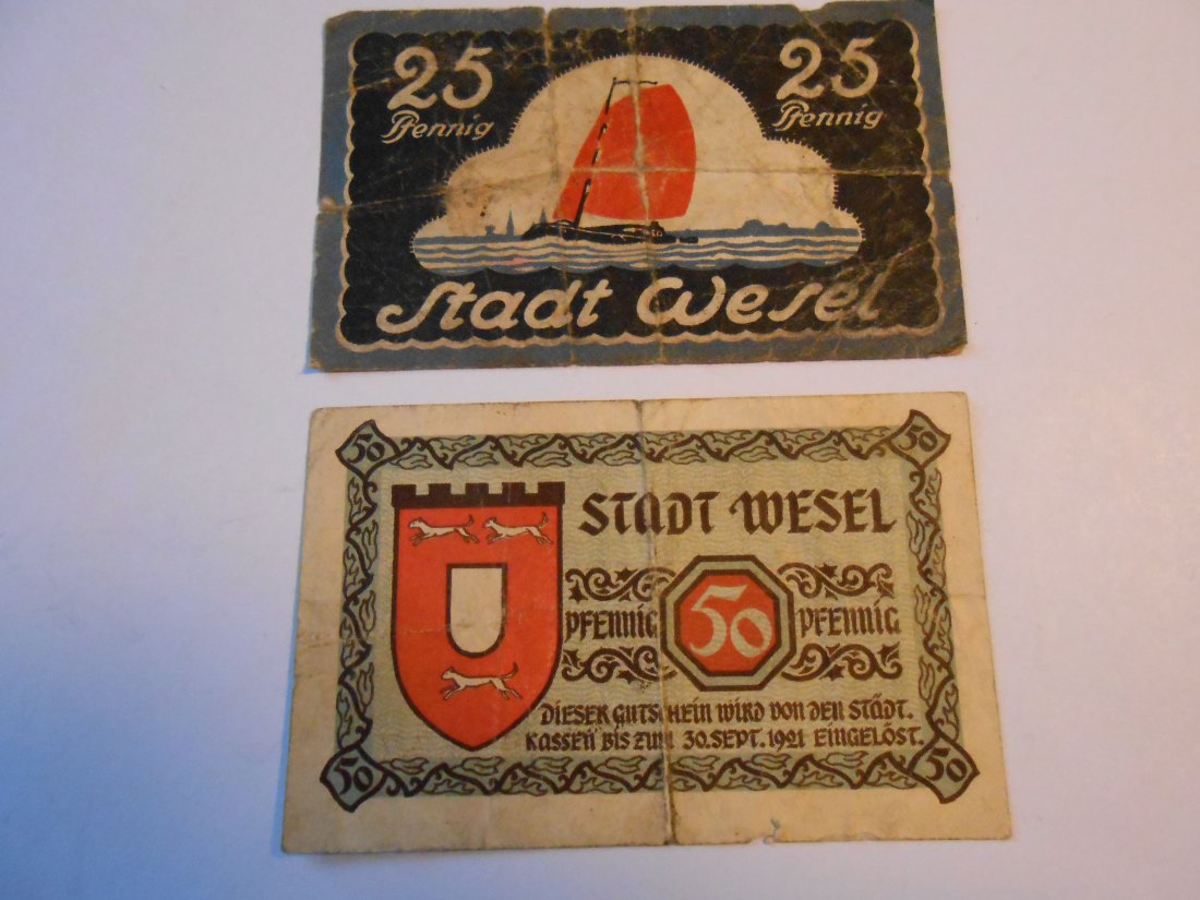  Notgeld(20) 25 Pfennig Stadt Wesel  1921 und  50 Pfennig Stadt Wesel  1919   