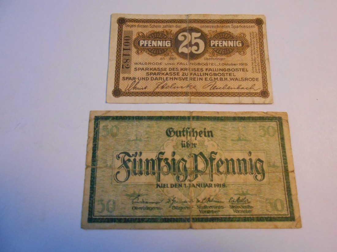  Notgeld(22)  50 Pfennig Kiel 1918 und  25 Pfennig Sparkasse des Kreises Fallingbostel 1919   