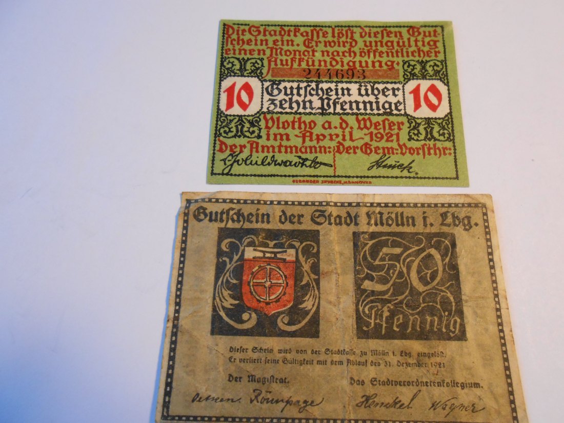  Notgeld(23)  10 Pfennige Plotho a.d.Weser 1921 und  50 Pfennig Stadt Mölln bis 1921   