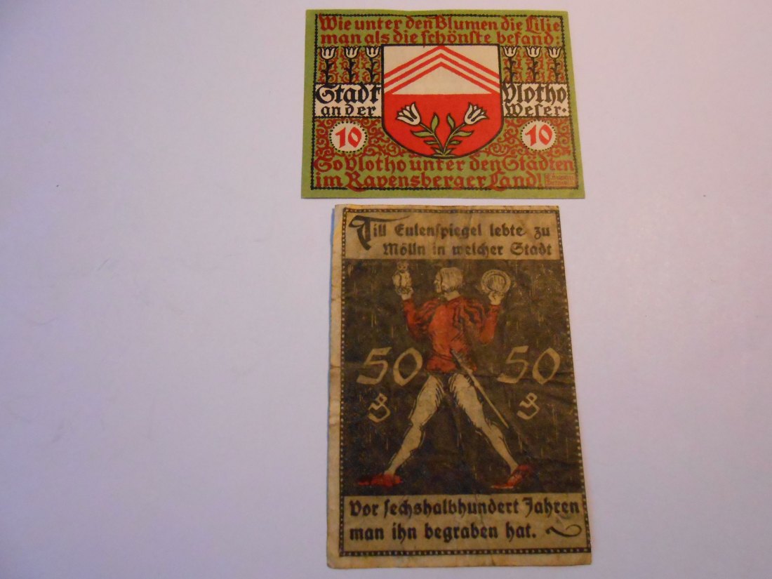  Notgeld(23)  10 Pfennige Plotho a.d.Weser 1921 und  50 Pfennig Stadt Mölln bis 1921   