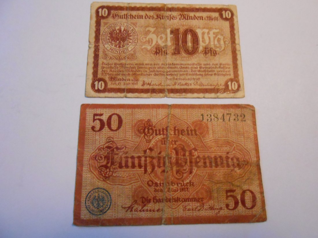 Notgeld(24)  10 Pfennige des Kreises Minden 1917  und  50 Pfennig  Osnabrück  1917   