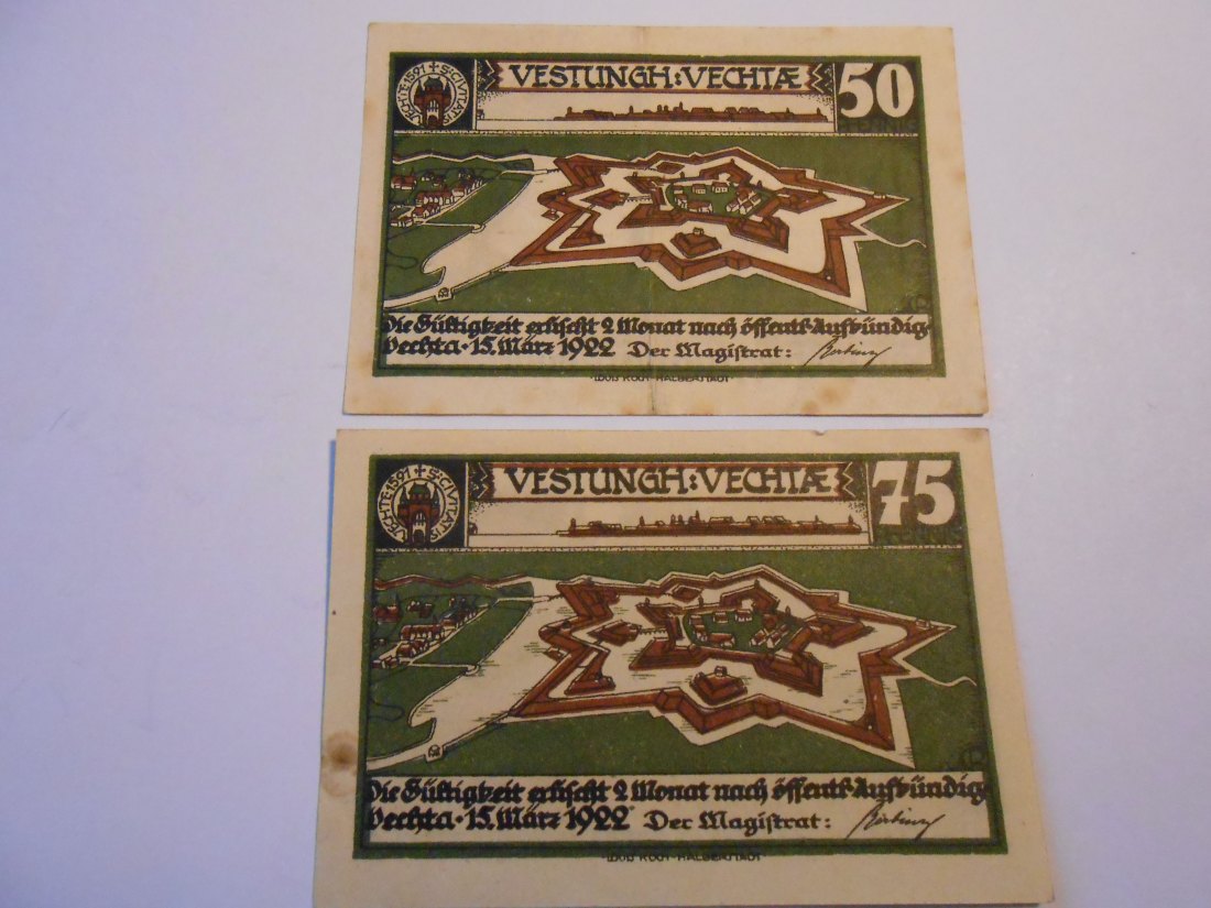  Notgeld(25)  50 Pfennig Stadt Vechta  1922 und  75 Pfennig Stadt Vechta  1922   