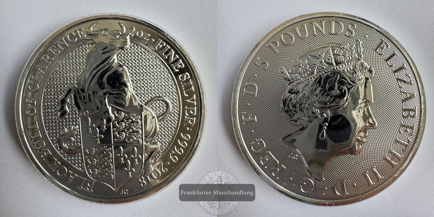  Großbritannien,  5 Pounds 2018  Black Bull of Clarence  FM-Frankfurt  Feinsilber: 62,4g   