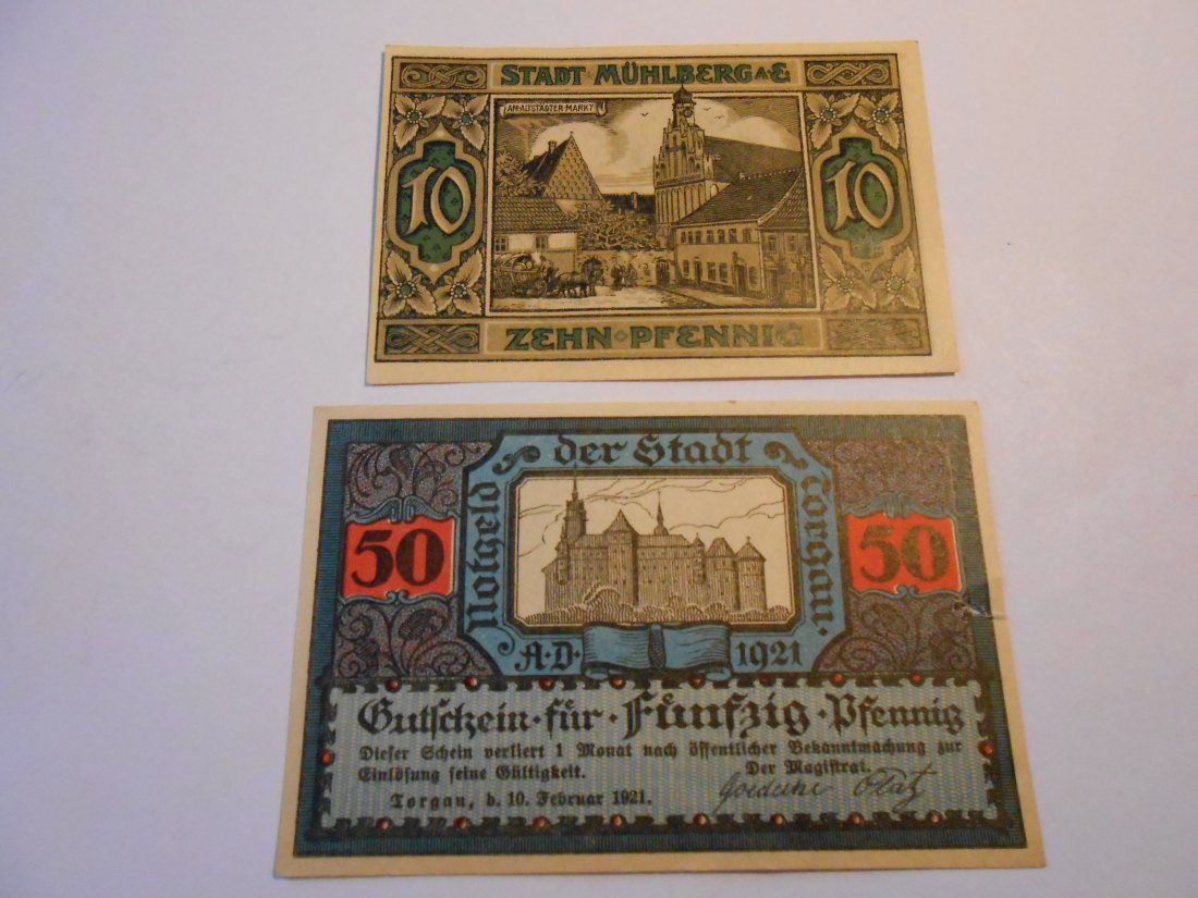  Notgeld(26) 10 Pfennig Stadt Mühlberg a.d.Elbe 1921 und  50 Pfennig  Torgau  1921   