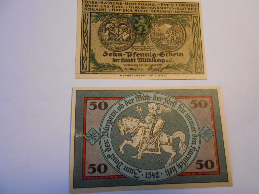  Notgeld(26) 10 Pfennig Stadt Mühlberg a.d.Elbe 1921 und  50 Pfennig  Torgau  1921   