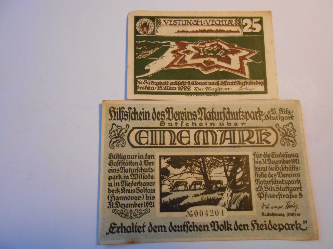  Notgeld(27) 25 Pfennig  Vechta  1922 und  1 Mark Hilfsschein  e.V. Sitz Stuttgart 1921   