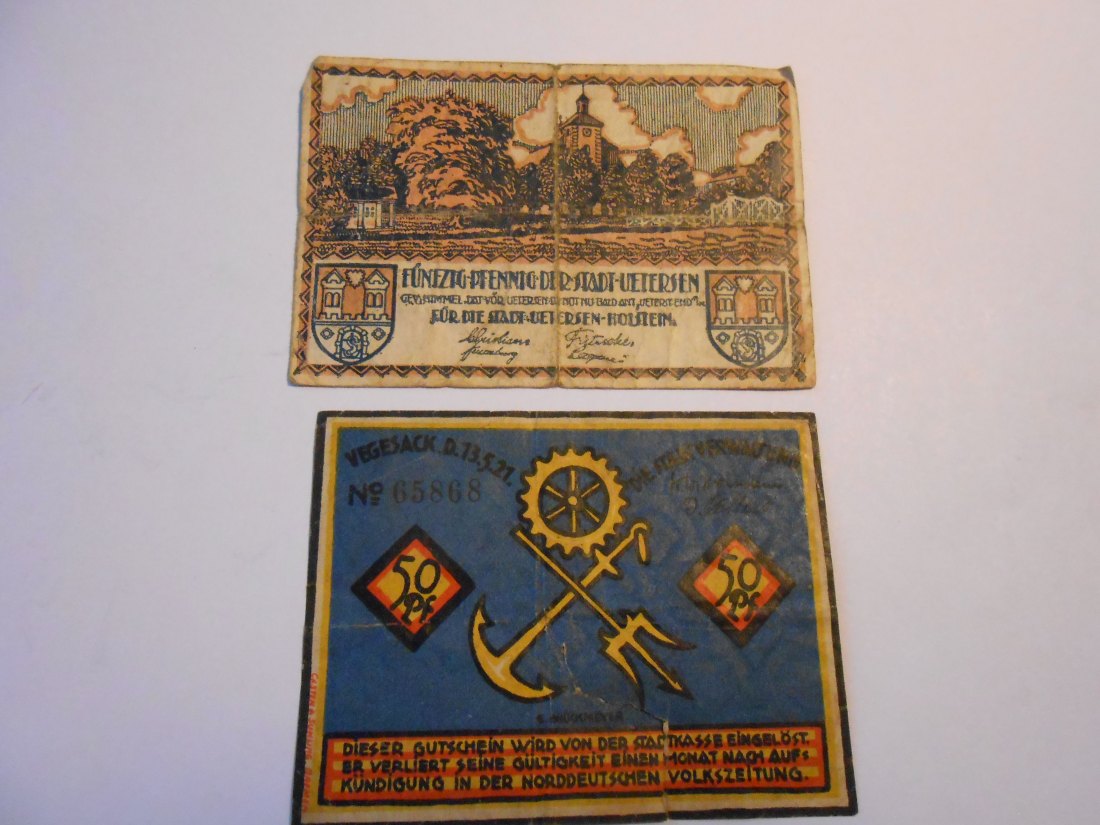  Notgeld(28) 50 Pfennig Stadt Uetersen-Holstein o.J. und  50 Pfennig  Stadt Vegesack 1921   