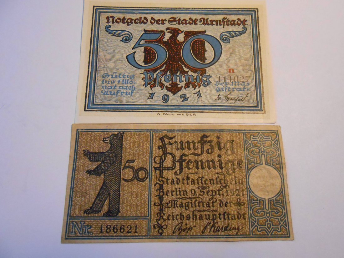  Notgeld(29) 50 Pfennig  Arnstadt 1921 und  50 Pfennige  Berlin Bezirk 1 Mitte  1921   