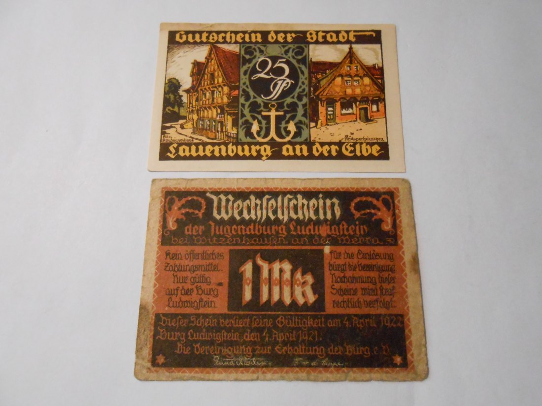  Notgeld(30) 25 Pfennig Lauenburg an der Elbe  1921 und 1 Mark Jugendburg Ludwigstein 1922   